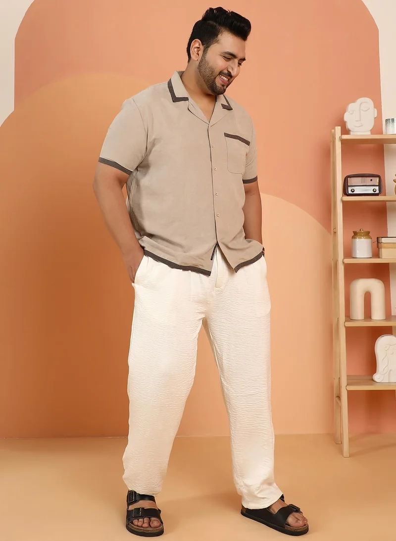 Instafab Plus Instafab Plus Men's Saltbox Beige Contrast-Cuban Shirt For Casual Wear | Cuban Collar | Short Regular Sleeves | Button Closure | Plus Size Shirt Crafted With Comfort Fit For Everyday Wear