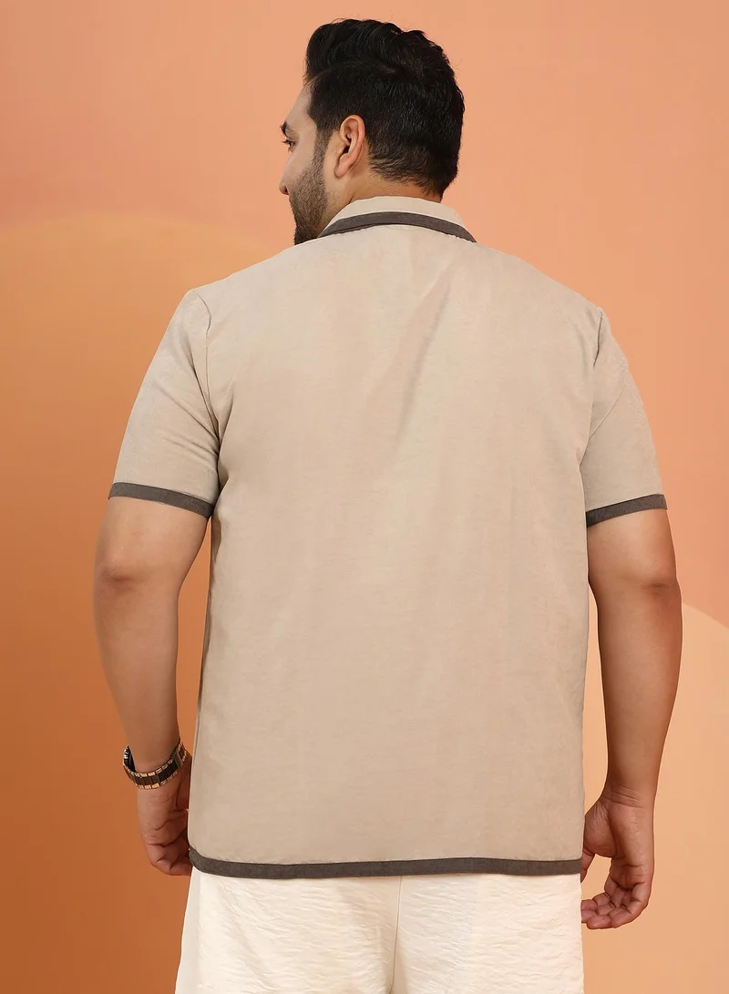 Instafab Plus Instafab Plus Men's Saltbox Beige Contrast-Cuban Shirt For Casual Wear | Cuban Collar | Short Regular Sleeves | Button Closure | Plus Size Shirt Crafted With Comfort Fit For Everyday Wear