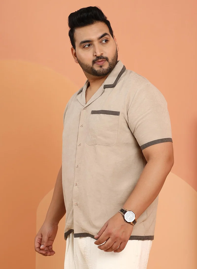 Instafab Plus Instafab Plus Men's Saltbox Beige Contrast-Cuban Shirt For Casual Wear | Cuban Collar | Short Regular Sleeves | Button Closure | Plus Size Shirt Crafted With Comfort Fit For Everyday Wear