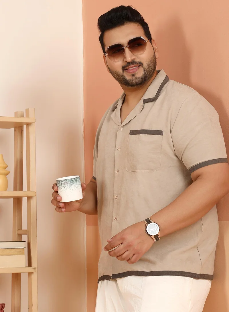 انستافاب بلس Instafab Plus Men's Saltbox Beige Contrast-Cuban Shirt For Casual Wear | Cuban Collar | Short Regular Sleeves | Button Closure | Plus Size Shirt Crafted With Comfort Fit For Everyday Wear