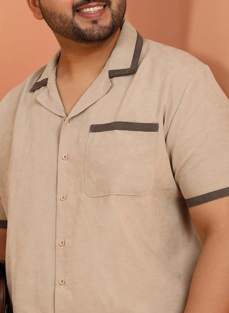 Instafab Plus Instafab Plus Men's Saltbox Beige Contrast-Cuban Shirt For Casual Wear | Cuban Collar | Short Regular Sleeves | Button Closure | Plus Size Shirt Crafted With Comfort Fit For Everyday Wear