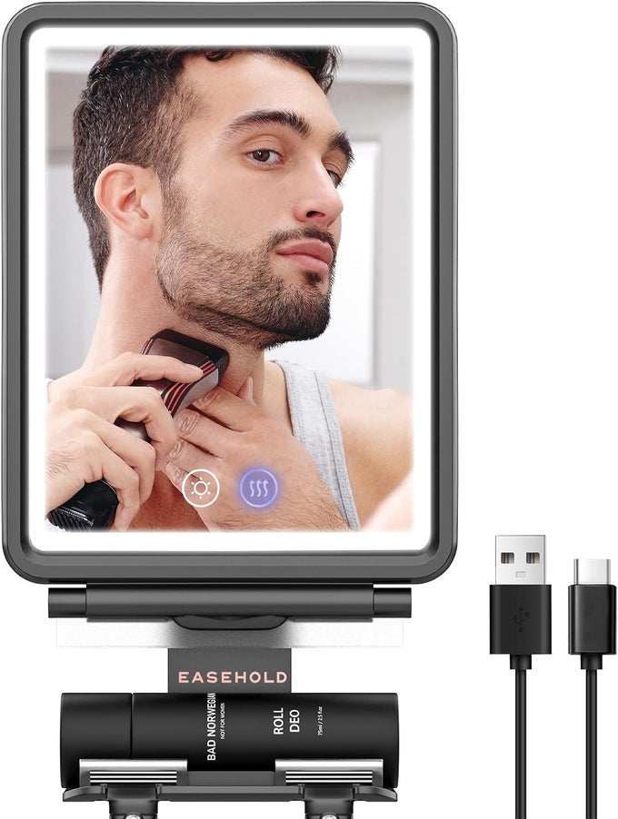SHOWER MIRROR FOGLESS FOR SHAVING, HEATED SHAVING MIRROR FOR SHOWER, ADJUSTABLE ANTI FOG MIRROR WITH RAZOR HOLDER AND STORAGE TRAY, 5000MAH RECHARGEABLE LED MIRROR BATHROOM FOR MEN& WOMEN