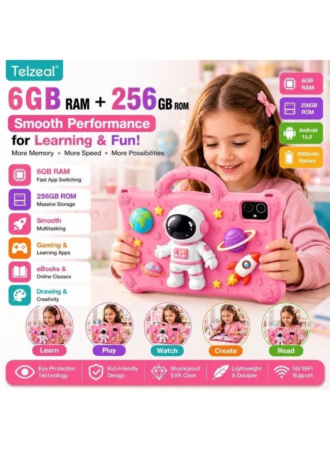 Telzeal P605 Kids Tablet 7 Inch HD Display, Android 15, 6GB RAM, 256GB ROM, 3000mAh Battery, Dual Cameras, 5G WiFi, Shockproof EVA Case with Handle, Educational Learning Tablet, Pink - Image 3