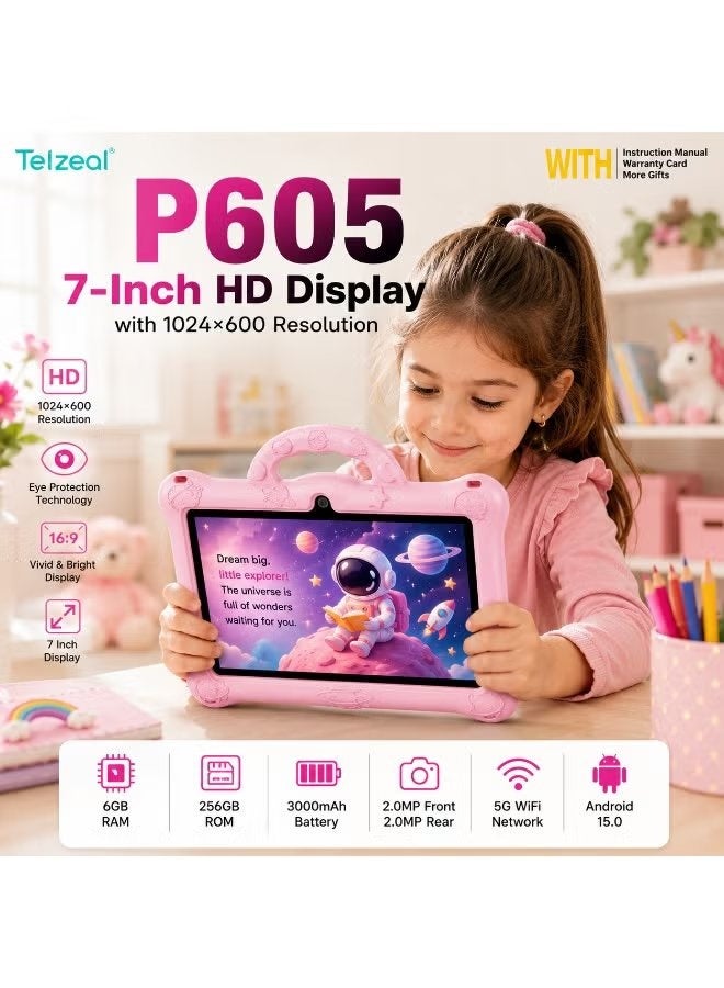 Telzeal P605 Kids Tablet 7 Inch HD Display, Android 15, 6GB RAM, 256GB ROM, 3000mAh Battery, Dual Cameras, 5G WiFi, Shockproof EVA Case with Handle, Educational Learning Tablet, Pink - Image 4