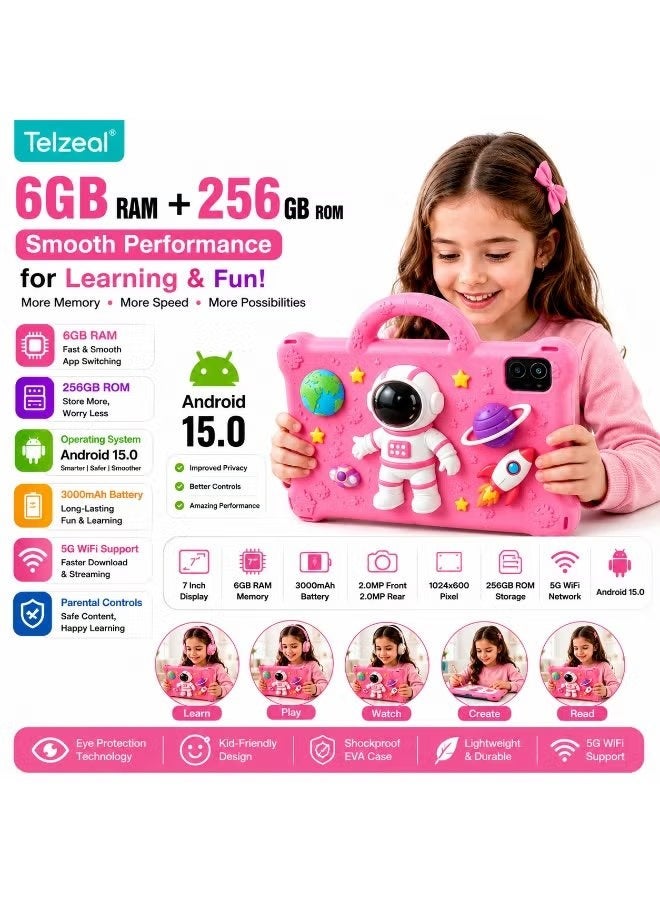 Telzeal P605 Kids Tablet 7 Inch HD Display, Android 15, 6GB RAM, 256GB ROM, 3000mAh Battery, Dual Cameras, 5G WiFi, Shockproof EVA Case with Handle, Educational Learning Tablet, Pink - Image 5