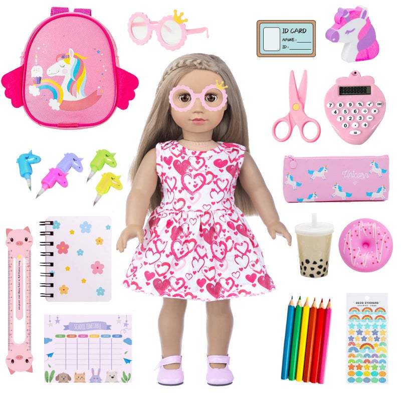 BDDOLL Doll Clothes and Accessories School Supplies Playset for 18 Inch Girl Doll with Doll Clothes,School Bags, Student Cards, Glasses, Pencils, calculators, Scissors, notebooks, etc - Image 1