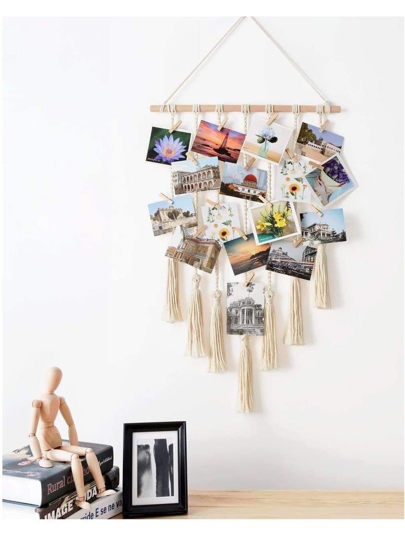DELFINO Hanging Photo Display with Macrame Decorative Wall Pictures Organizer,  for Home Decor Wooden Clips (White) - Image 5