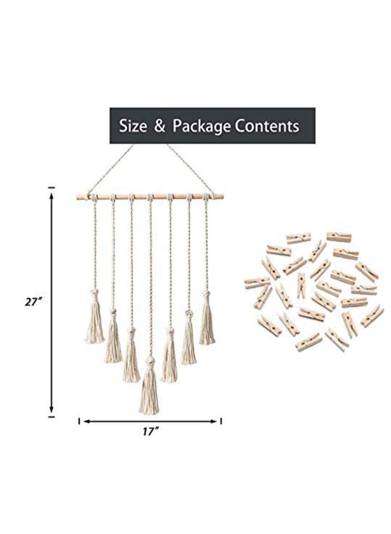 DELFINO Hanging Photo Display with Macrame Decorative Wall Pictures Organizer,  for Home Decor Wooden Clips (White) - Image 3