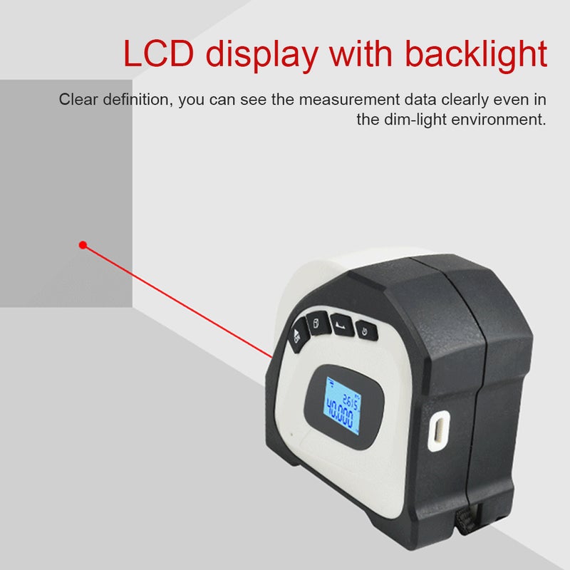 مقياس مسافة مزدوج الاستخدام (2 في 1) مع شريط قياس 5 أمتار وشاشة LCD مصممة مع إضاءة خلفية - جهاز قياس للمباني ومعدات مسح مساحات وتخزينات - Image 4