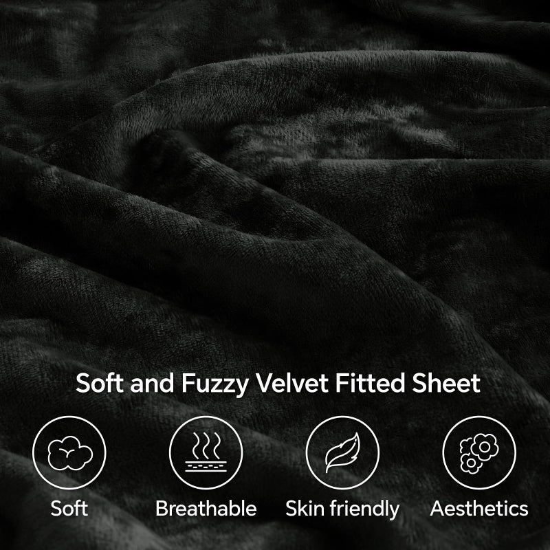 BEDELITE Velvet Fitted Sheet and Pillowcases Set, Luxury Soft Fuzzy Bottom Sheet with Reinforced Elastic Corner Straps, Deep Pocket up to 15 Inch, 1 Fitted Sheet and 2 Pillowcases (Queen, Black) - Image 3