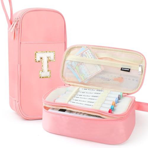 Nuozme Extra Large Pencil Case,Big Capacity Pencil Pouch,Personalized Initial Pencil Bag with smooth zipper,Multiple Pockets,Cute Aesthetic Stationery Pen Case Bag for Teen Girls College (Pink, T) - Image 1