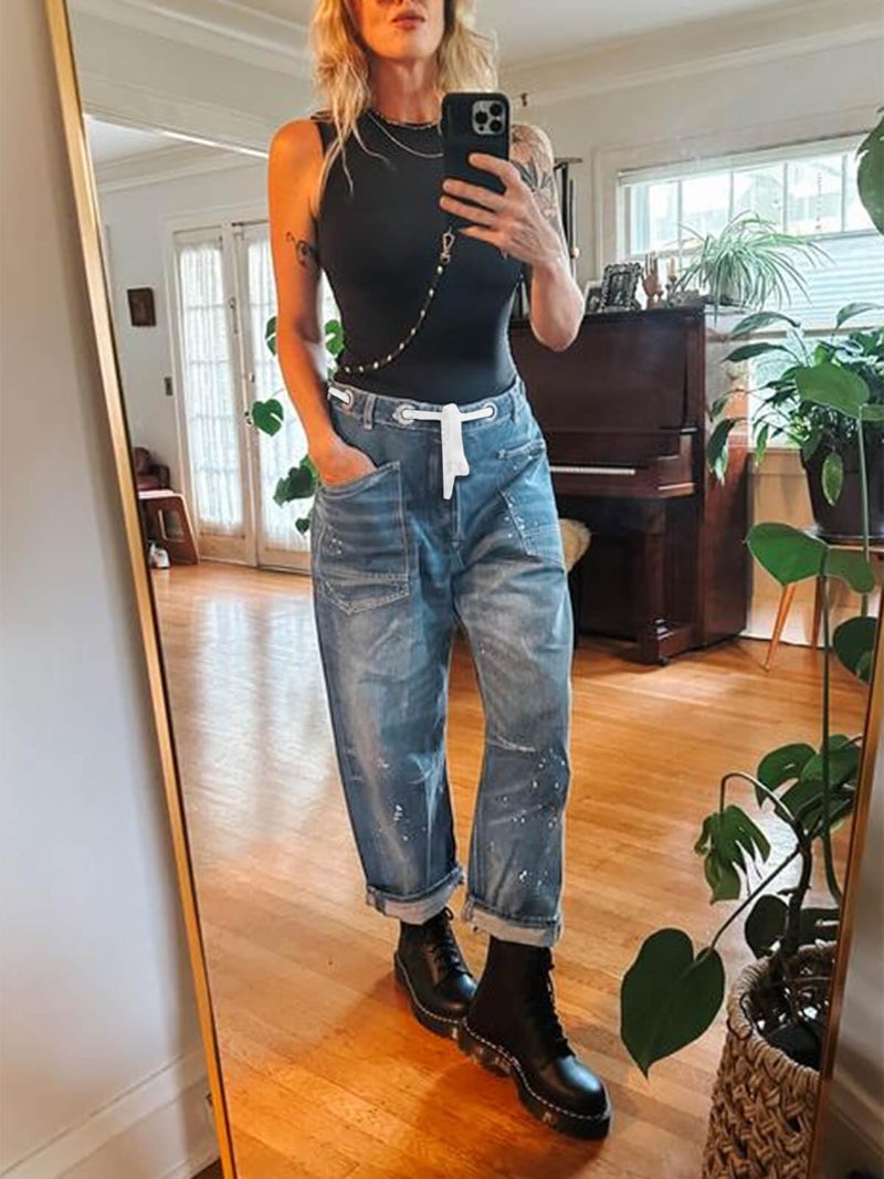Cicy Bell Womens Baggy Barrel Horseshoe Jeans Wide Leg Drawstring Vintage Denim Pants with Front Pockets Light Blue - Image 5