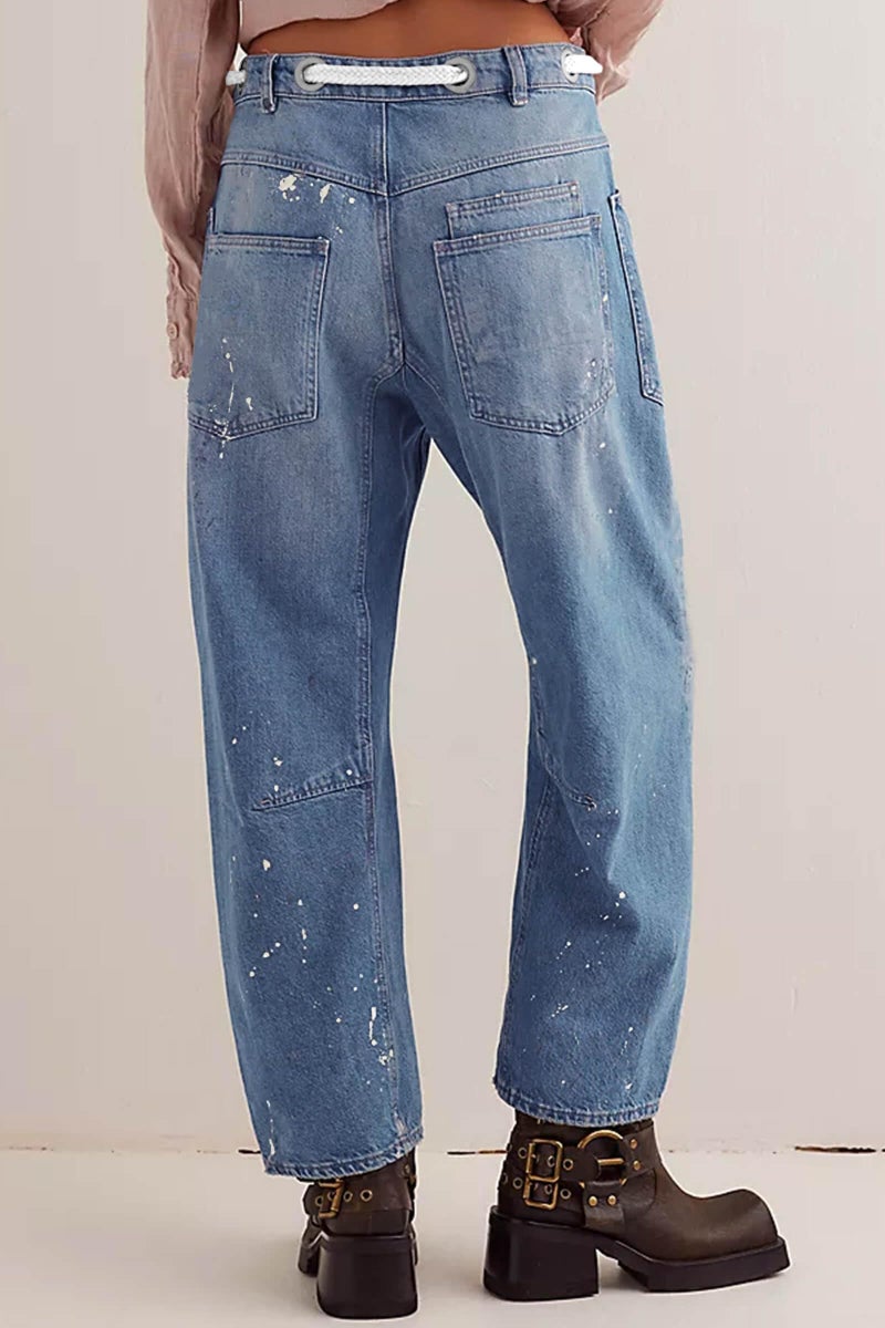 Cicy Bell Womens Baggy Barrel Horseshoe Jeans Wide Leg Drawstring Vintage Denim Pants with Front Pockets Light Blue - Image 2