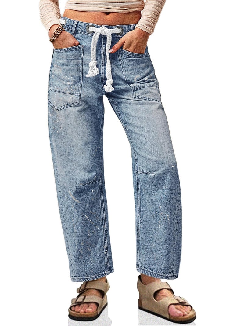 Cicy Bell Womens Baggy Barrel Horseshoe Jeans Wide Leg Drawstring Vintage Denim Pants with Front Pockets Light Blue - Image 1