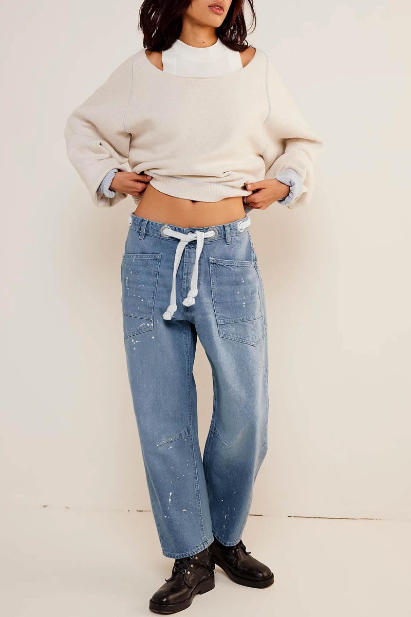 Cicy Bell Womens Baggy Barrel Horseshoe Jeans Wide Leg Drawstring Vintage Denim Pants with Front Pockets Light Blue - Image 3