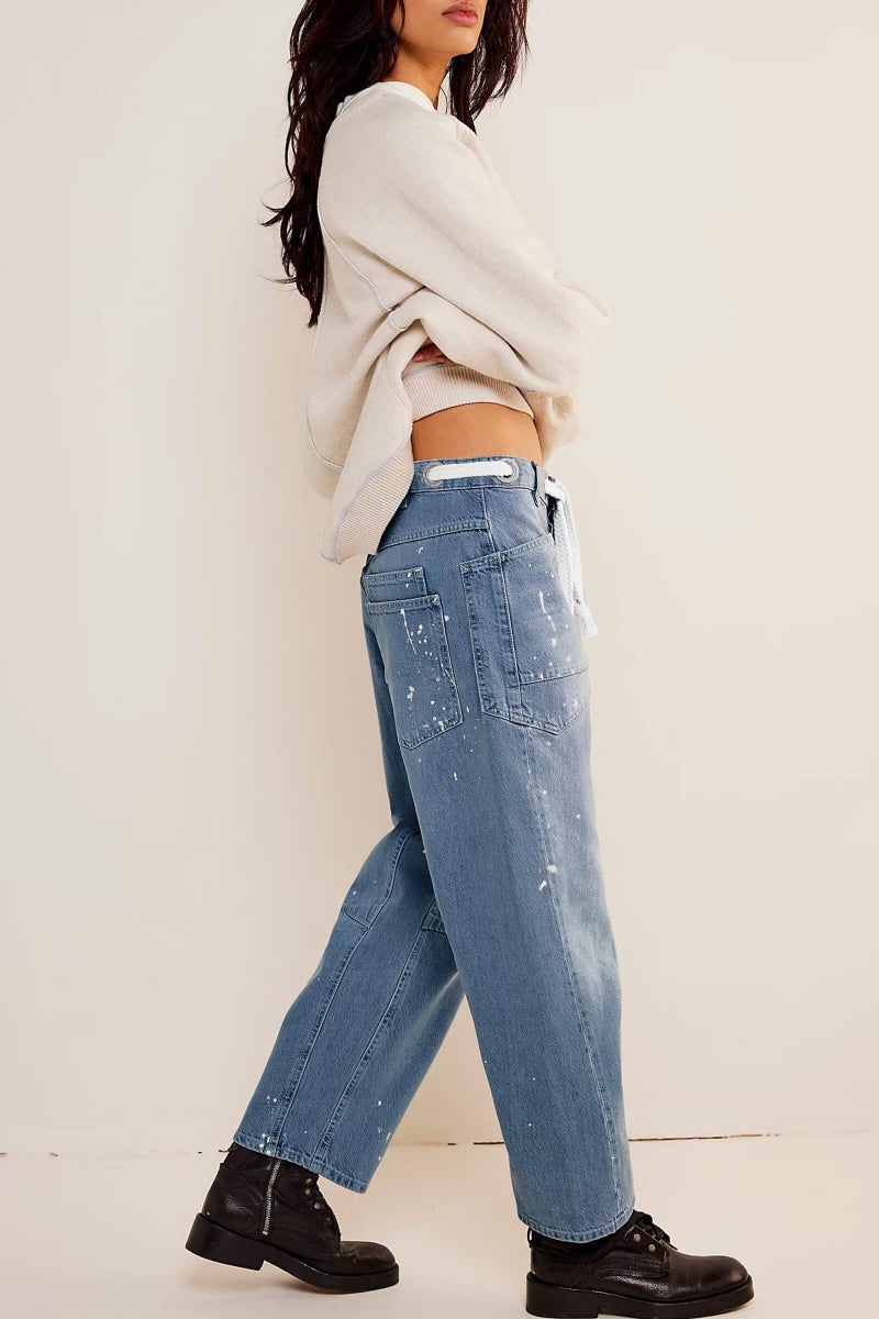 Cicy Bell Womens Baggy Barrel Horseshoe Jeans Wide Leg Drawstring Vintage Denim Pants with Front Pockets Light Blue - Image 4