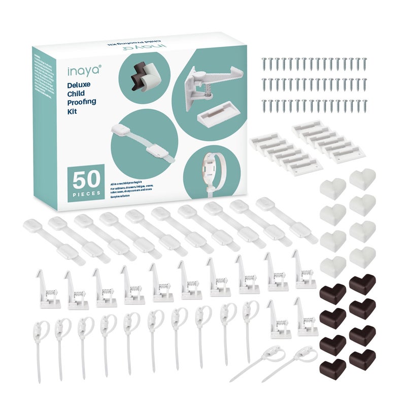 Inaya Complete 50pc Deluxe Baby Proofing Kit Flexible Hidden Baby Locks for Cabinets and Drawers Adjustable Child Safety Latches Corner Guards Furniture Anchors
