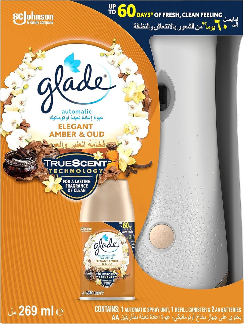 Glade Automatic Air Freshener Spray Holder with Scented Elegant Amber & Oud Refill Starter Kit, 269ml - Image 1