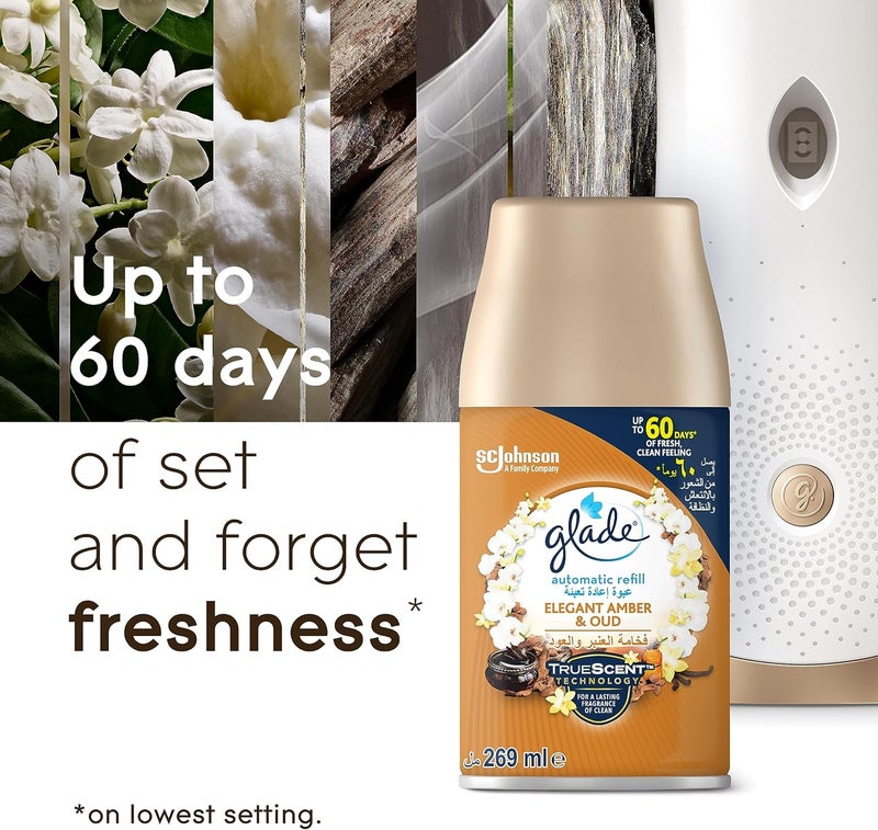 Glade Automatic Air Freshener Spray Holder with Scented Elegant Amber & Oud Refill Starter Kit, 269ml - Image 4