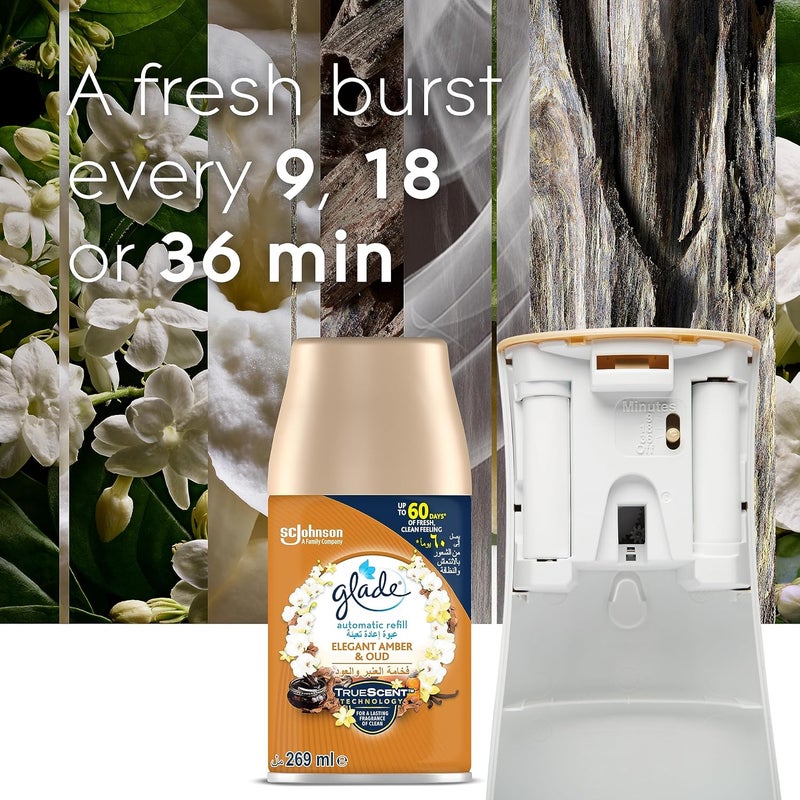 Glade Automatic Air Freshener Spray Holder with Scented Elegant Amber & Oud Refill Starter Kit, 269ml - Image 3