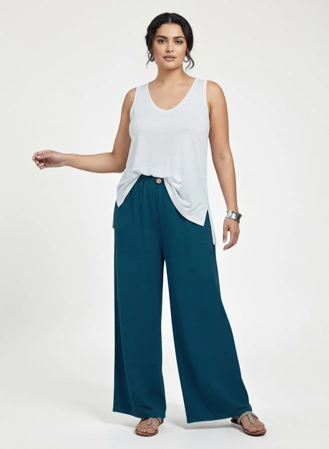 تايك تو Plus Size Blue Button Detail Wide Leg Trousers