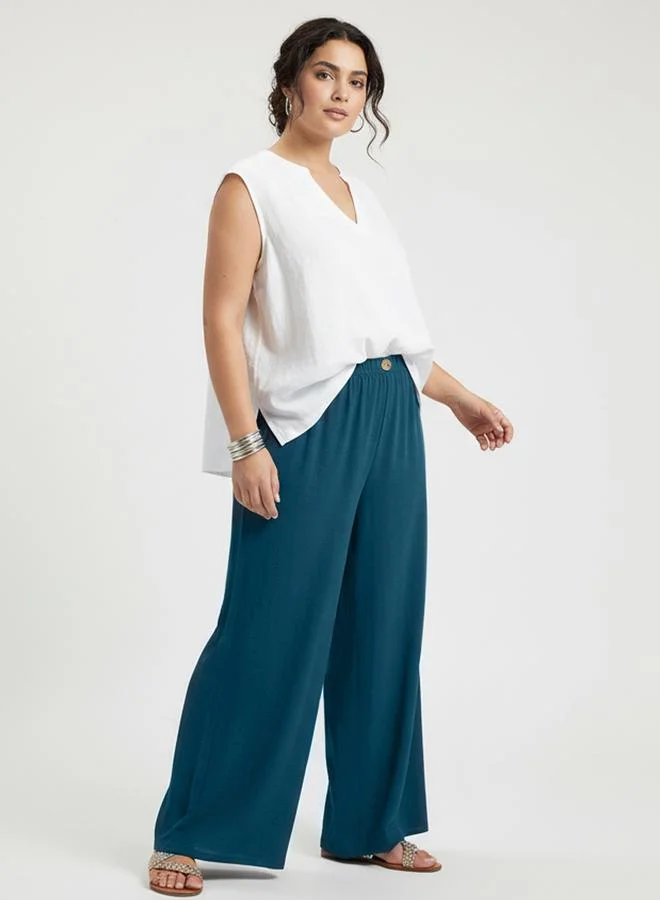 تايك تو Plus Size Blue Button Detail Wide Leg Trousers