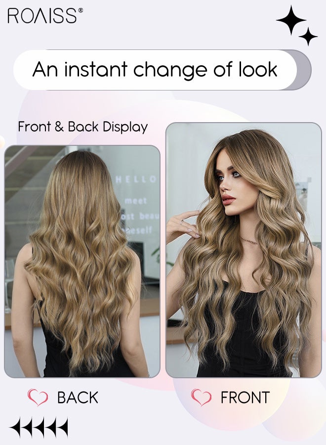 رويس باروكة شعر مموجة برونزية ذهبية، شعر صناعي طبيعي ناعم مقاوم للحرارة للنساء بفراق من المنتصف لحفلات الزفاف والحفلات التنكرية للاستخدام اليومي، 67 سم (26 بوصة) - Image 2