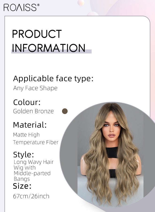 رويس باروكة شعر مموجة برونزية ذهبية، شعر صناعي طبيعي ناعم مقاوم للحرارة للنساء بفراق من المنتصف لحفلات الزفاف والحفلات التنكرية للاستخدام اليومي، 67 سم (26 بوصة) - Image 3