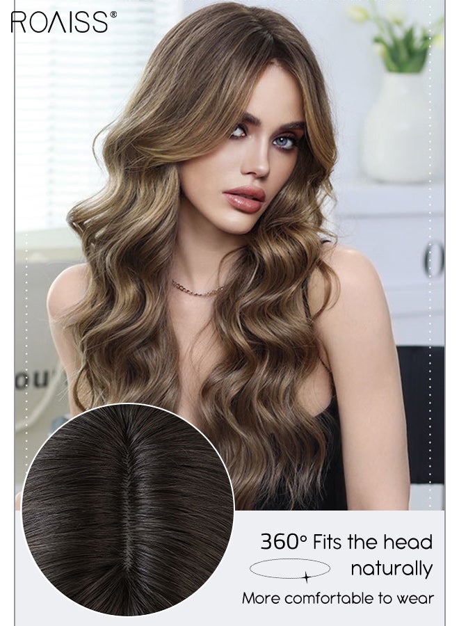 رويس باروكة شعر مموجة برونزية ذهبية، شعر صناعي طبيعي ناعم مقاوم للحرارة للنساء بفراق من المنتصف لحفلات الزفاف والحفلات التنكرية للاستخدام اليومي، 67 سم (26 بوصة) - Image 4