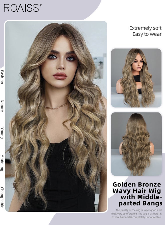 رويس باروكة شعر مموجة برونزية ذهبية، شعر صناعي طبيعي ناعم مقاوم للحرارة للنساء بفراق من المنتصف لحفلات الزفاف والحفلات التنكرية للاستخدام اليومي، 67 سم (26 بوصة) - Image 1