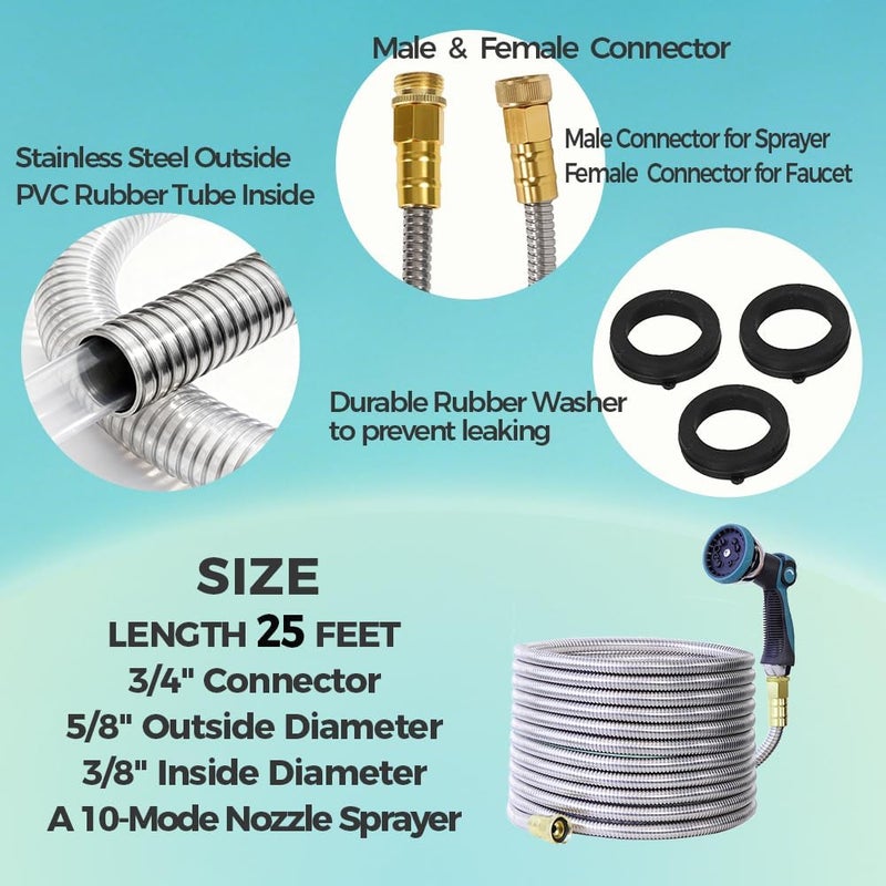 Numwot 25FT Garden Hose, Stainless Steel Water Hose Flexible with a 10-Mode Nozzle Sprayer, No Kink, Lightweight, Puncture Proof, Ideal for Indoor & Outdoor Light Use, 5/8'' Outside Diameter - Image 2