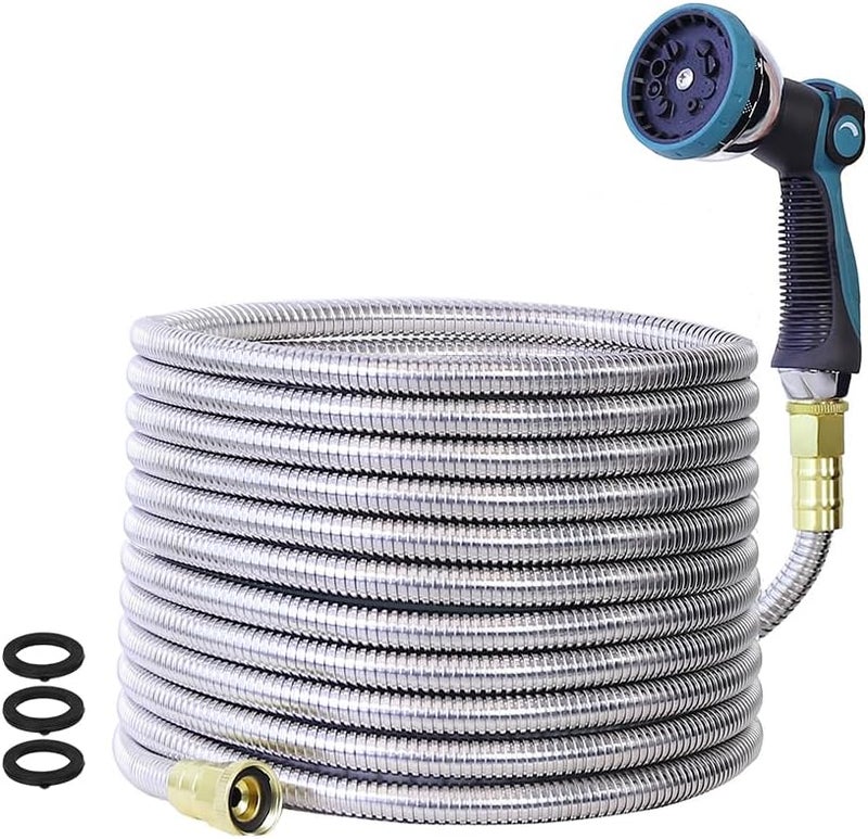 Numwot 25FT Garden Hose, Stainless Steel Water Hose Flexible with a 10-Mode Nozzle Sprayer, No Kink, Lightweight, Puncture Proof, Ideal for Indoor & Outdoor Light Use, 5/8'' Outside Diameter - Image 1