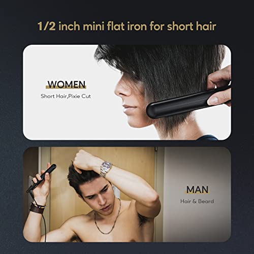 Terviiix Mini Flat Iron for Short Hair Temperature Adjustable, 1/2 Inch Mini Small Portable Ceramic Travel Hair Straightener for Men, Black - Image 2