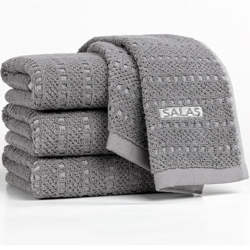 SALAS Kitchen Dish Towels Bulk Cotton Kitchen Hand Towels 390 GMS Plaid Dish Cloths Rags for Drying Dishes with Hanging Loop 16 x 26 4 Packs Grey - Image 1