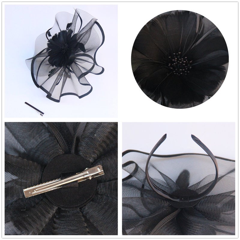 SAFERIN Fascinators Hat Flower Mesh Ribbons Feathers on a Headband and a Clip Tea Party Headwear for Girls and Women(TA1-Black - Image 5