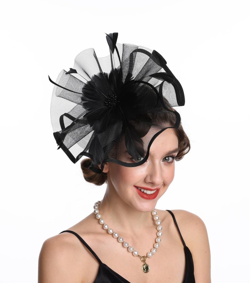 SAFERIN Fascinators Hat Flower Mesh Ribbons Feathers on a Headband and a Clip Tea Party Headwear for Girls and Women(TA1-Black - Image 1