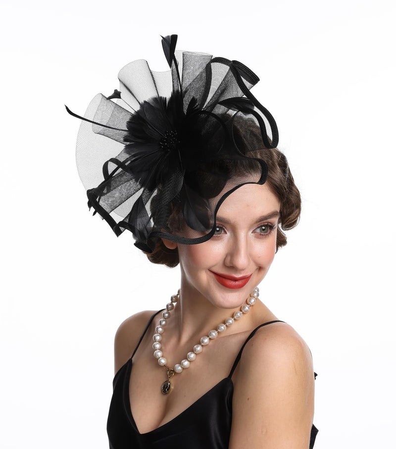 SAFERIN Fascinators Hat Flower Mesh Ribbons Feathers on a Headband and a Clip Tea Party Headwear for Girls and Women(TA1-Black - Image 2