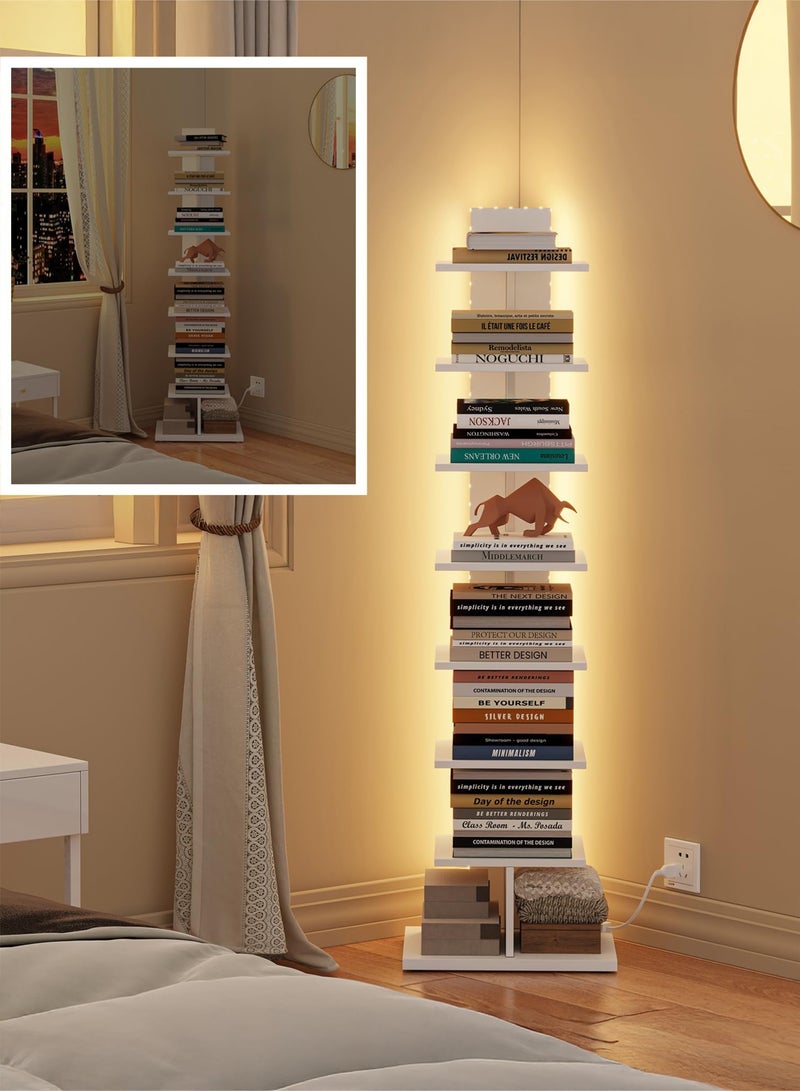 Yanara Narrow Bookshelf, 8-Tier Bookcase with LED Lights, Spine Book Shelf for Small Space, Corner Standing Shelf for Living Room, Office, Study, Entryway, White - Image 5