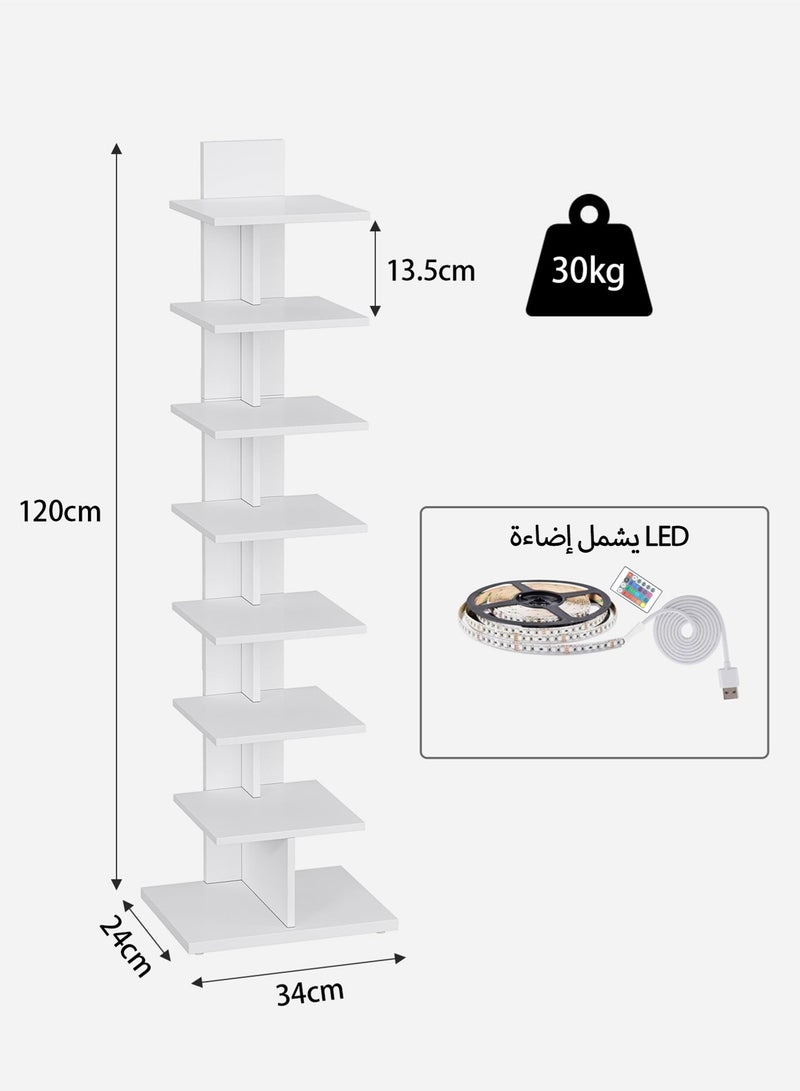 Yanara Narrow Bookshelf, 8-Tier Bookcase with LED Lights, Spine Book Shelf for Small Space, Corner Standing Shelf for Living Room, Office, Study, Entryway, White - Image 4
