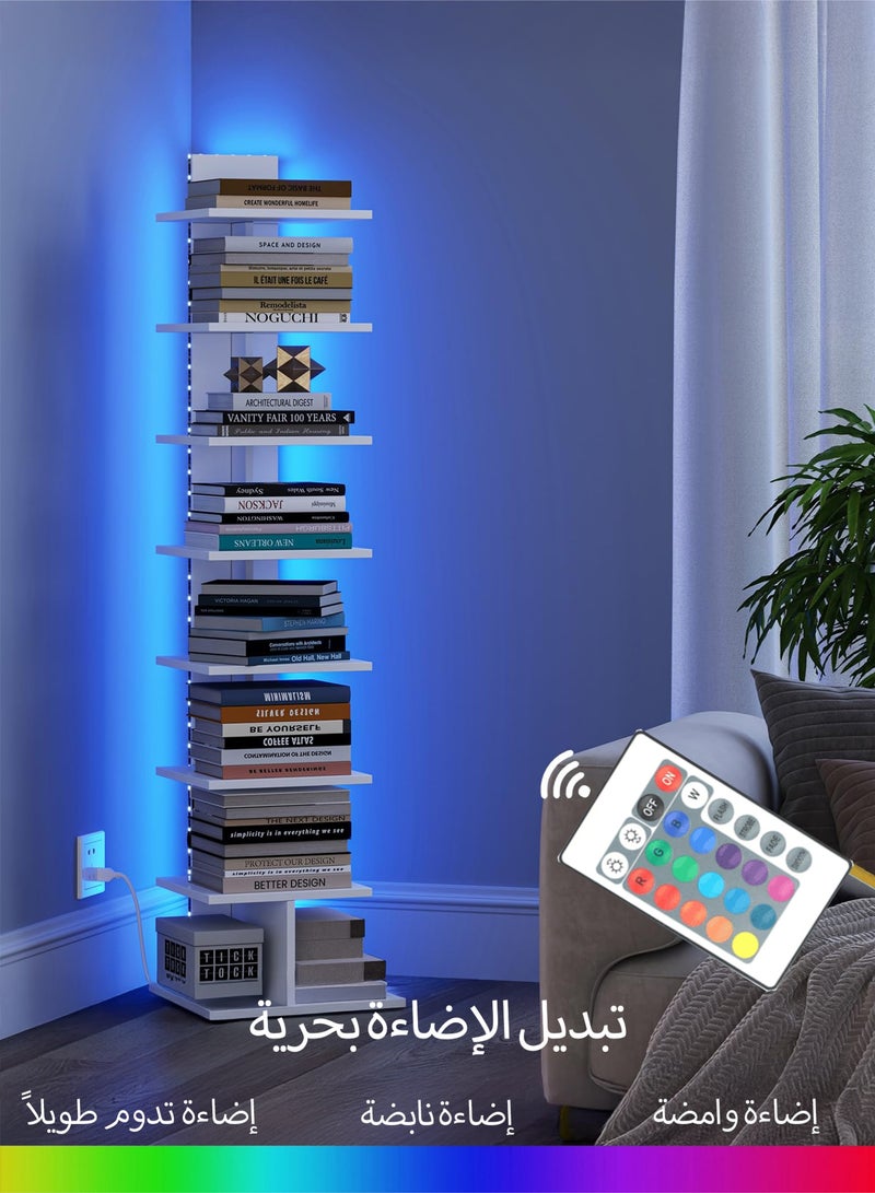 Yanara Narrow Bookshelf, 8-Tier Bookcase with LED Lights, Spine Book Shelf for Small Space, Corner Standing Shelf for Living Room, Office, Study, Entryway, White - Image 3