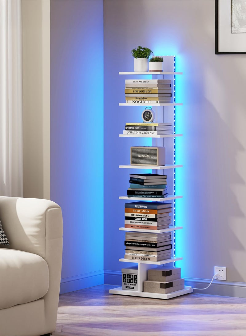 Yanara Narrow Bookshelf, 8-Tier Bookcase with LED Lights, Spine Book Shelf for Small Space, Corner Standing Shelf for Living Room, Office, Study, Entryway, White - Image 1