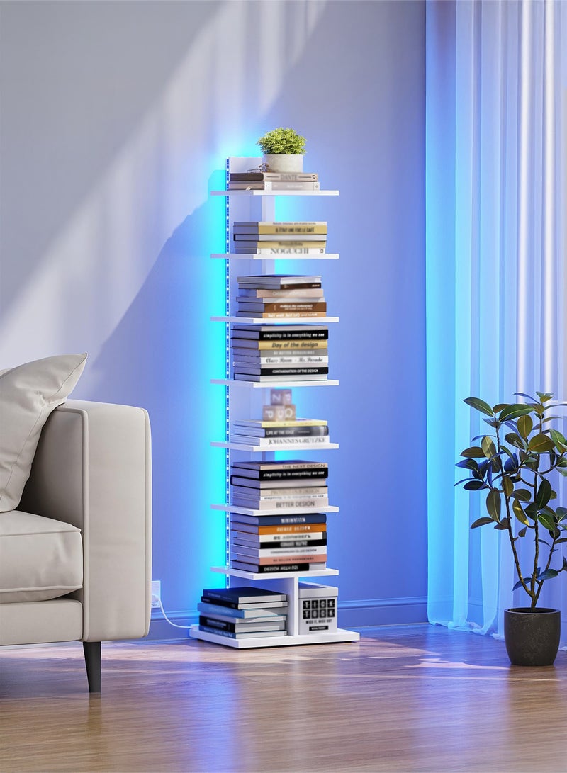 Yanara Narrow Bookshelf, 8-Tier Bookcase with LED Lights, Spine Book Shelf for Small Space, Corner Standing Shelf for Living Room, Office, Study, Entryway, White - Image 2