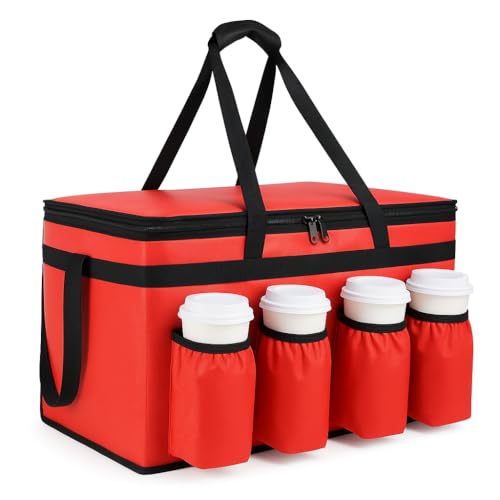 CIVJET Insulated Food Delivery Bag with 4 Cup Holder, XX-Large Insulated Grocery Bags with Zippered Top, Cooler Bags with Drink Carrier, Food Carrier Catering Bag, Commercial Food Warmer bag, Red - Image 1