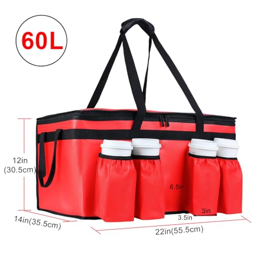 CIVJET Insulated Food Delivery Bag with 4 Cup Holder, XX-Large Insulated Grocery Bags with Zippered Top, Cooler Bags with Drink Carrier, Food Carrier Catering Bag, Commercial Food Warmer bag, Red - Image 2