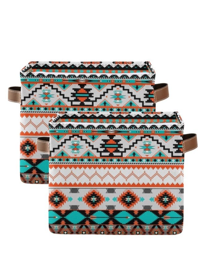 BOKEKANG Ethnic Aztec Print Storage Basket Native American Storage Bin Collapsible Retro Tribal Navajo Large Storage Baskets with Leather Handles Storage Cube Box Organizer for Closet Toys Clothes Basket,1PC - Image 2