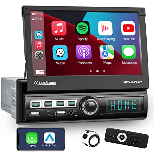 NHOPEEW Single Din Car Stereo Apple Carplay and Android Auto 1 Din 7 inch Flip Out Touchscreen Car Radio with Bluetooth and Mic - Image 1