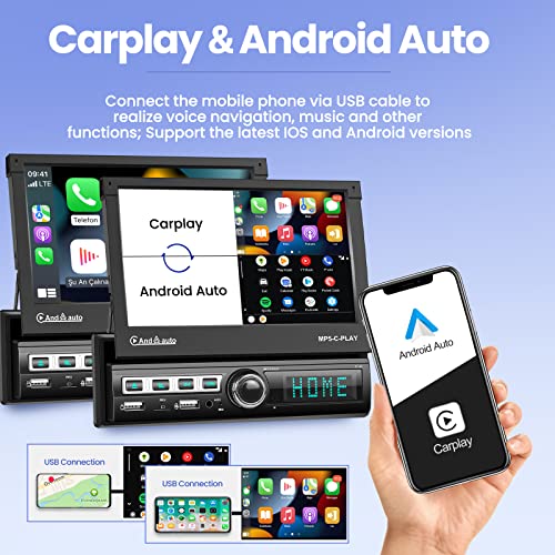 NHOPEEW Single Din Car Stereo Apple Carplay and Android Auto 1 Din 7 inch Flip Out Touchscreen Car Radio with Bluetooth and Mic - Image 2