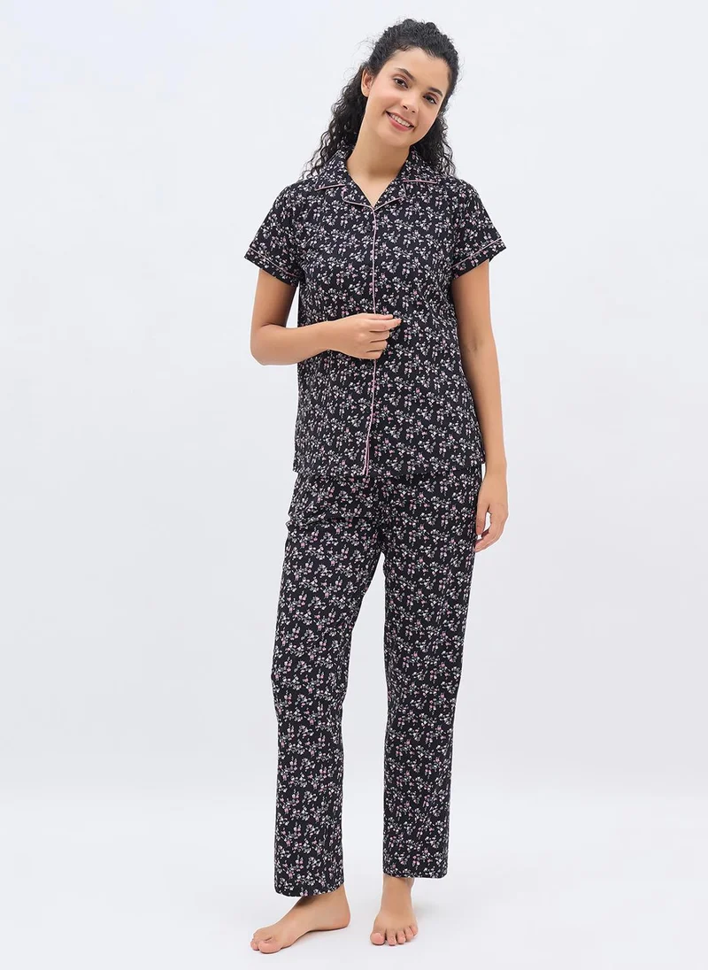 Clovia Clovia Floral Print Button-Down Shirt & Pyjama Set in Black - 100% Cotton