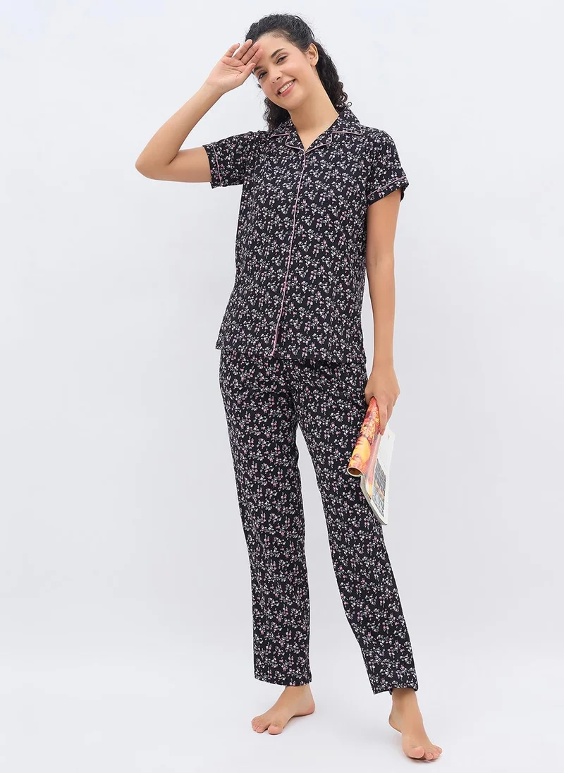 Clovia Clovia Floral Print Button-Down Shirt & Pyjama Set in Black - 100% Cotton