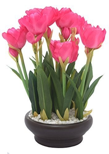 Fourwalls Artificial Tulip Flower Bonsai Plant in a Ceramic Vase for Home and Office Decor 26 cm Tall DarkPink - Image 2